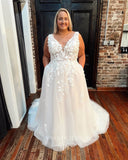 Ivory Lace Applique Wedding Dresses V-Neck Bridal Gown W0096-Wedding Dresses-vigocouture-Ivory-US2-vigocouture