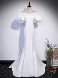 vigocouture-Ivory Mermaid Off the Shoulder Puffed Sleeve Satin Prom Dress 20873-Prom Dresses-vigocouture-