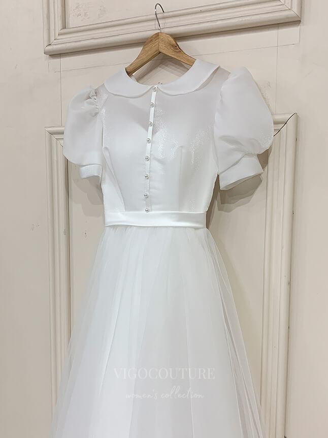 vigocouture-Ivory Puffed Sleeve Prom Dress Round Neck 21004-Prom Dresses-vigocouture-