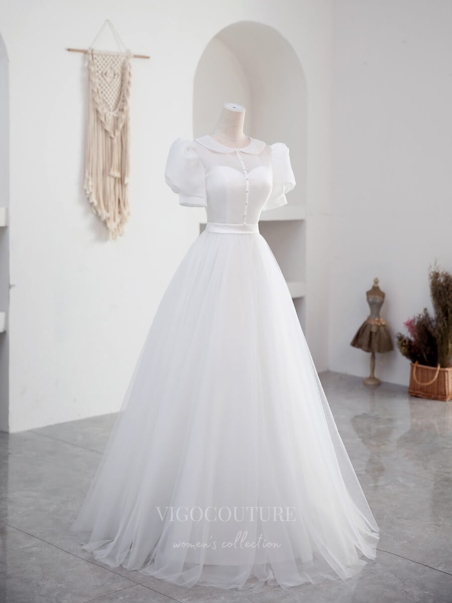 vigocouture-Ivory Puffed Sleeve Prom Dress Round Neck 21004-Prom Dresses-vigocouture-