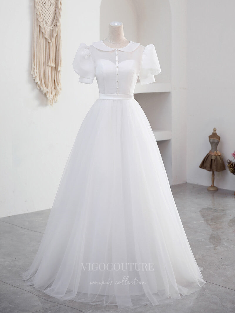 vigocouture-Ivory Puffed Sleeve Prom Dress Round Neck 21004-Prom Dresses-vigocouture-Ivory-Custom Size-