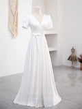vigocouture-Ivory Puffed Sleeve Prom Dress V-Neck 21006-Prom Dresses-vigocouture-Ivory-Custom Size-