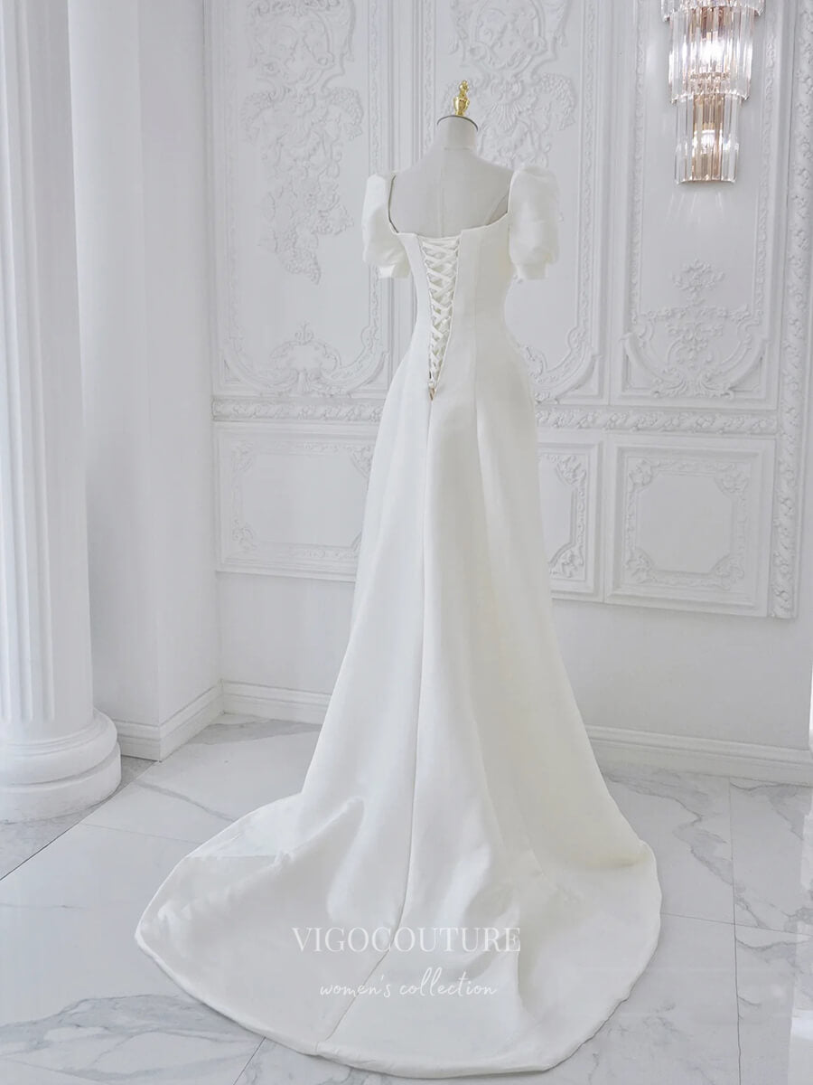 vigocouture-Ivory Puffed Sleeve Satin Wedding Dresses w0013-Wedding Dresses-vigocouture-