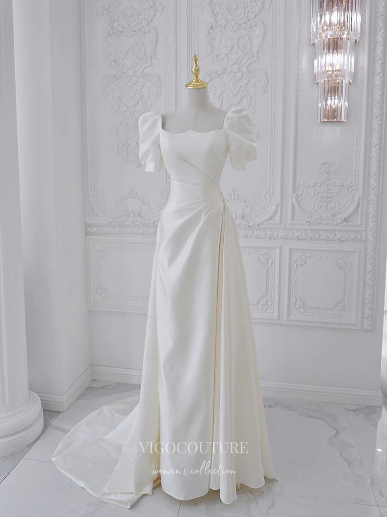 Ivory Puffed Sleeve Satin Wedding Dresses w0013 – vigocouture
