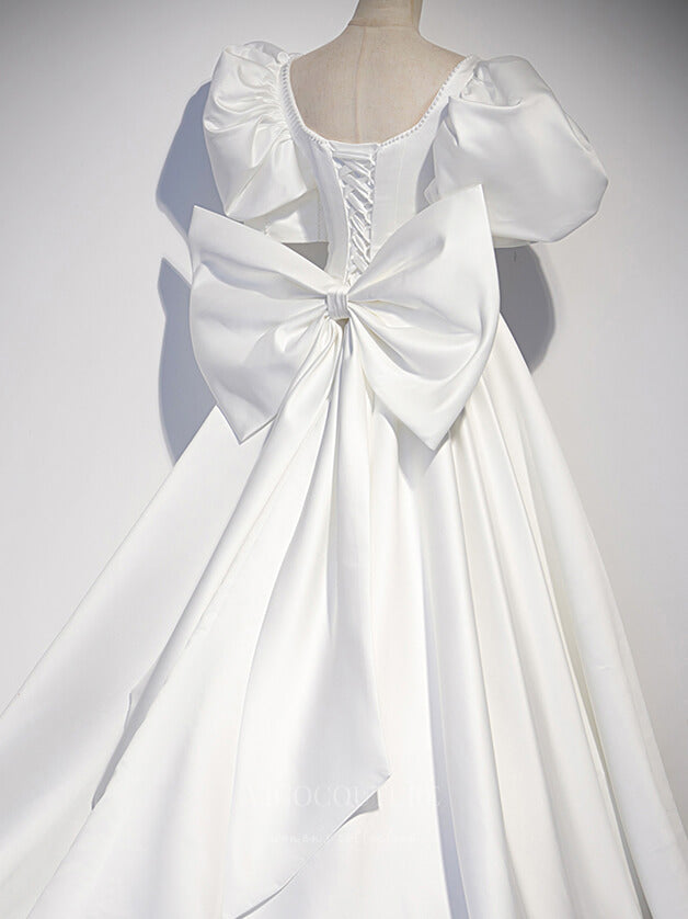 vigocouture-Ivory Satin Puffed Sleeve With Bow Prom Dress 20866-Prom Dresses-vigocouture-