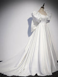 Ivory Satin Puffed Sleeve With Bow Prom Dress 20866