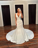 Ivory Satin Wedding Dresses Plunging V-Neck Mermaid Bridal Gown W0098-Wedding Dresses-vigocouture-Ivory-US2-vigocouture