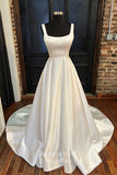 Ivory Satin Wedding Dresses Square Neck A-Line Bridal Dresses W0090