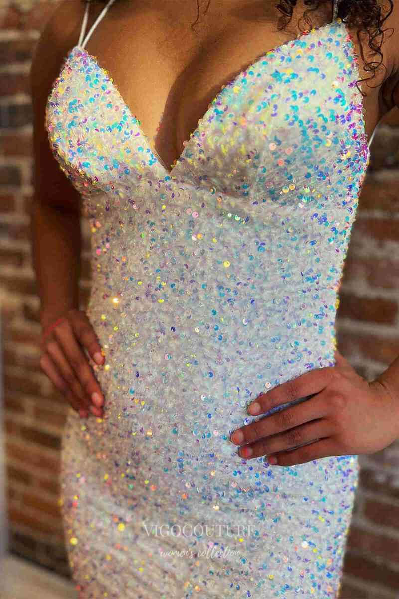 Ivory Sequin Mermaid Prom Dresses Spaghetti Strap Evening Dress 22035 –  vigocouture