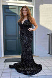 Ivory Sequin Mermaid Prom Dresses Spaghetti Strap Evening Dress 22025-Prom Dresses-vigocouture-Black-Custom Size-vigocouture