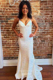 Ivory Sequin Mermaid Prom Dresses Spaghetti Strap Evening Dress 22025-Prom Dresses-vigocouture-Ivory-Custom Size-vigocouture