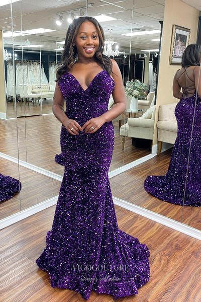 Ivory Sequin Mermaid Prom Dresses Spaghetti Strap Evening Dress 22025-Prom Dresses-vigocouture-Purple-Custom Size-vigocouture