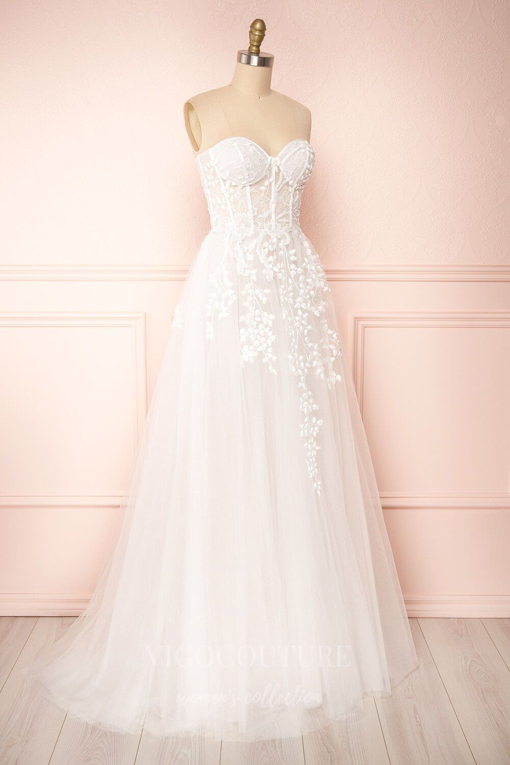 vigocouture-Ivory Strapless Lace Applique Wedding Dresses w0008-Wedding Dresses-vigocouture-Ivory-US2-
