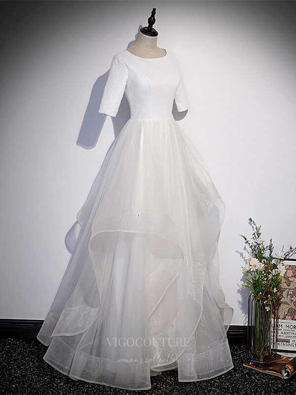 vigocouture-Ivory Tiered Half Sleeve Prom Dress 20879-Prom Dresses-vigocouture-