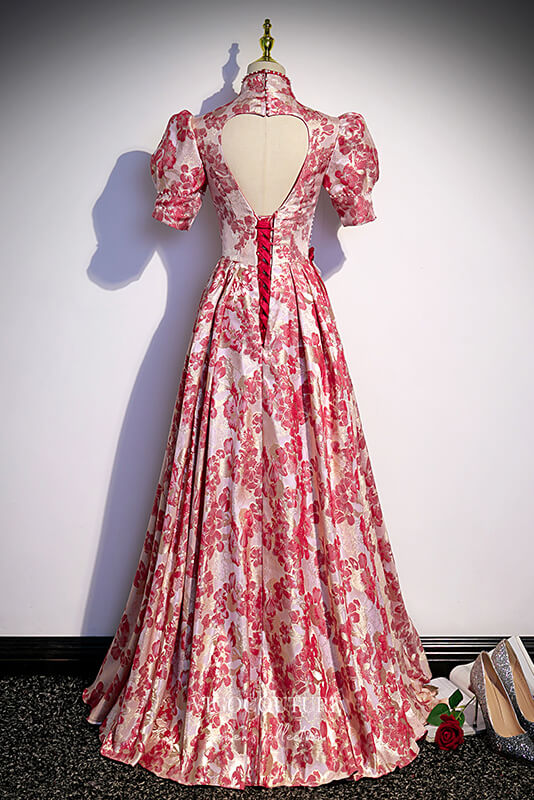 vigocouture-Jacquard Satin A-Line Formal Dresses Puffed Sleeve Prom Dress 21654-Prom Dresses-vigocouture-