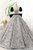 Jacquard Satin and Velvet Prom Dress with Puffed Sleeves and Bow-Tie 22285-Prom Dresses-vigocouture-Grey-Custom Size-vigocouture