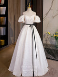 vigocouture-Jacquard Satin Prom Dresses Puffed Sleeve Formal Dresses 21503-Prom Dresses-vigocouture-Ivory-US2-