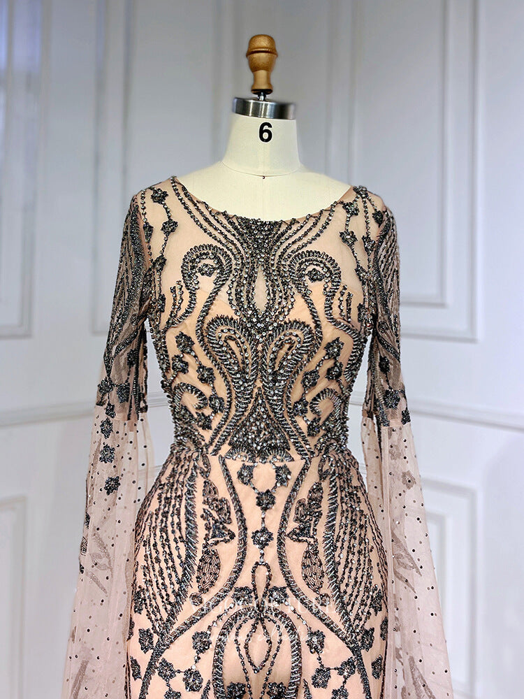 Khaki Beaded Lace Prom Dresses Extra Long Sleeve Sheath Evening Dress 22094-Prom Dresses-vigocouture-Khaki-US2-vigocouture