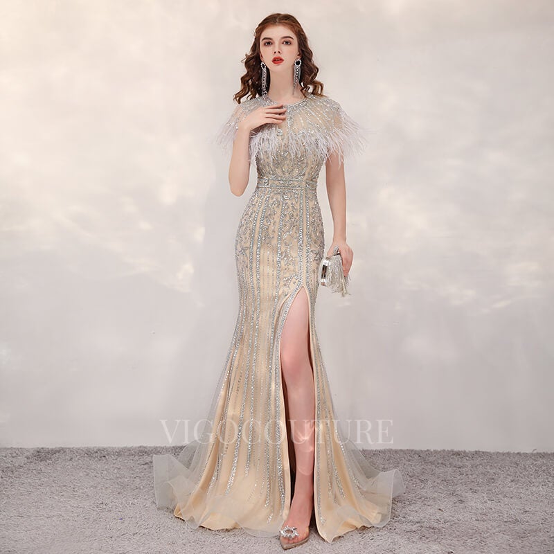 vigocouture-Khaki Feather Mermaid Beaded Prom Dresses 20155-Prom Dresses-vigocouture-