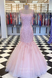 vigocouture-Khaki Lace Applique Mermaid Prom Dresses Spaghetti Strap Evening Dress 20597-Prom Dresses-vigocouture-Blush-US0-