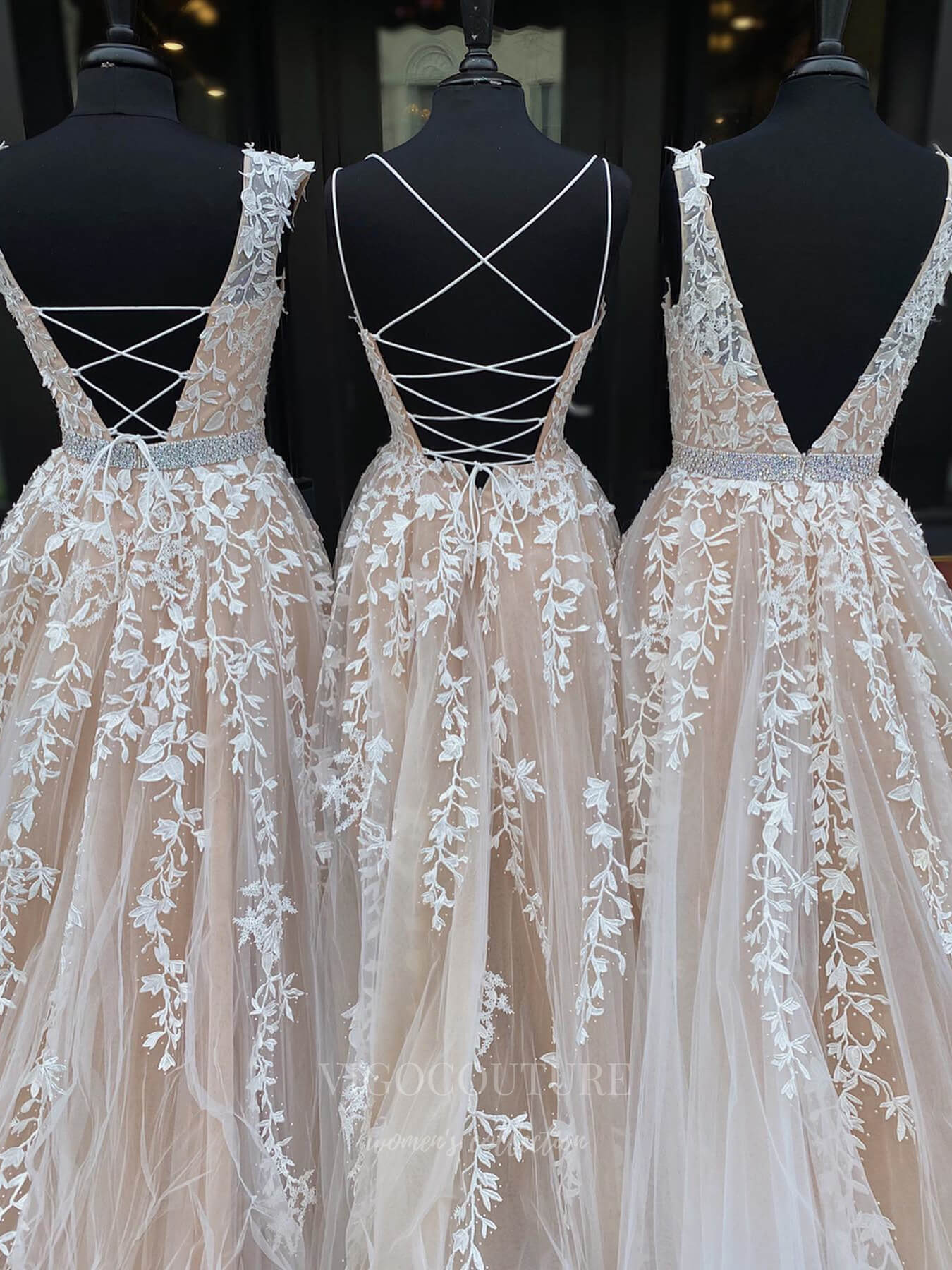 vigocouture-Khaki Lace Applique Prom Dress A-Line Evening Dresses 20928-Prom Dresses-vigocouture-