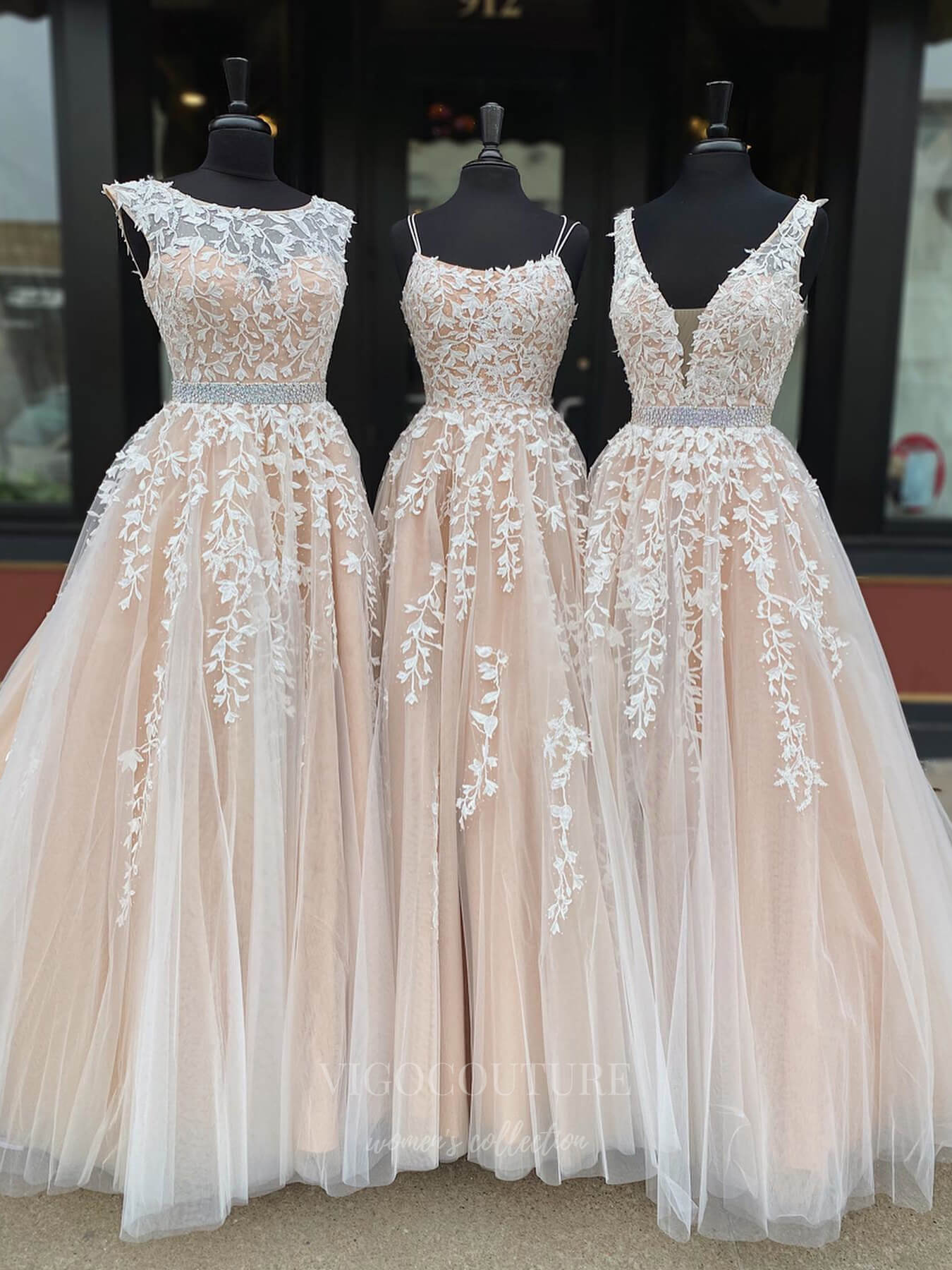 vigocouture-Khaki Lace Applique Prom Dress A-Line Evening Dresses 20928-Prom Dresses-vigocouture-Khaki-Boat Neck-US2