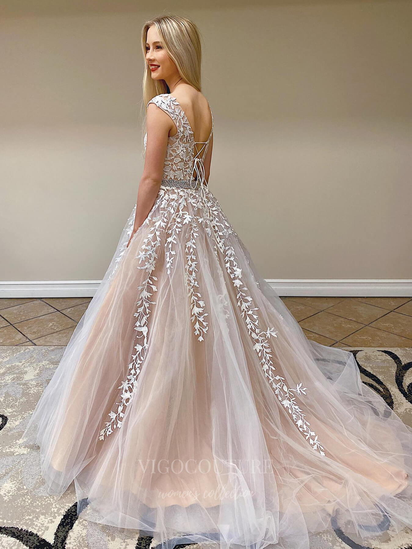 vigocouture-Khaki Lace Applique Prom Dresses A-Line Evening Dress 20928-Prom Dresses-vigocouture-