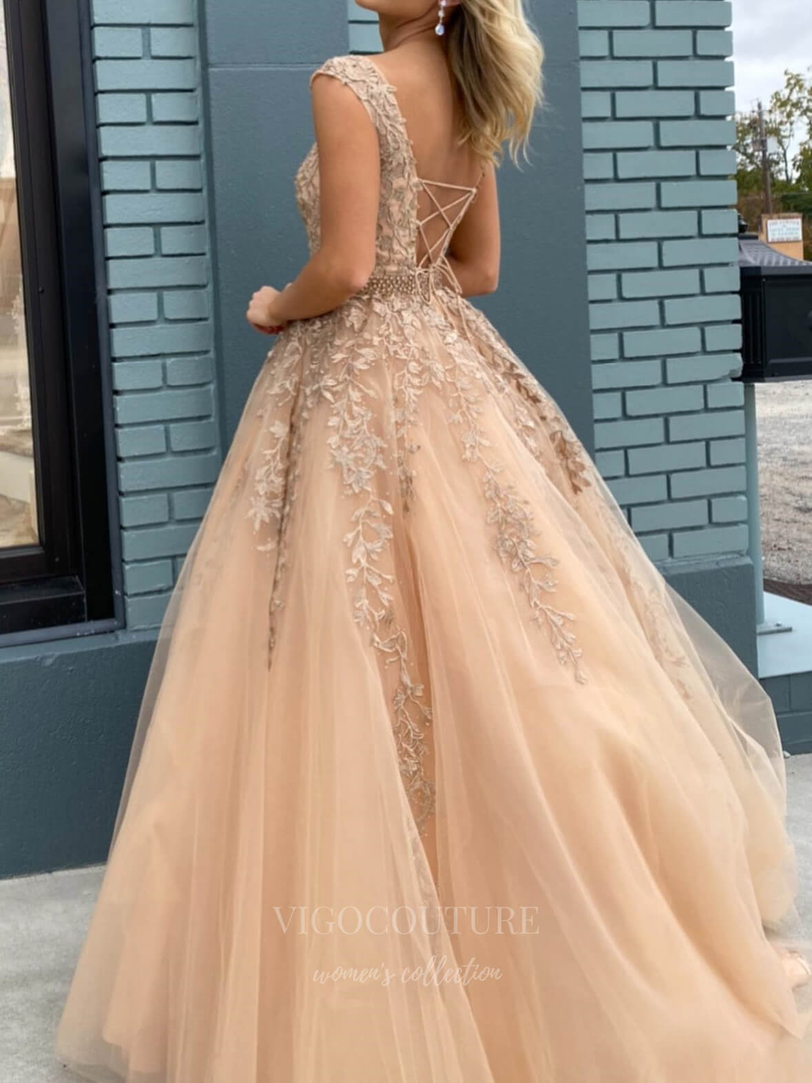 vigocouture-Khaki Lace Applique Prom Dresses A-Line Evening Dress 20928-Prom Dresses-vigocouture-