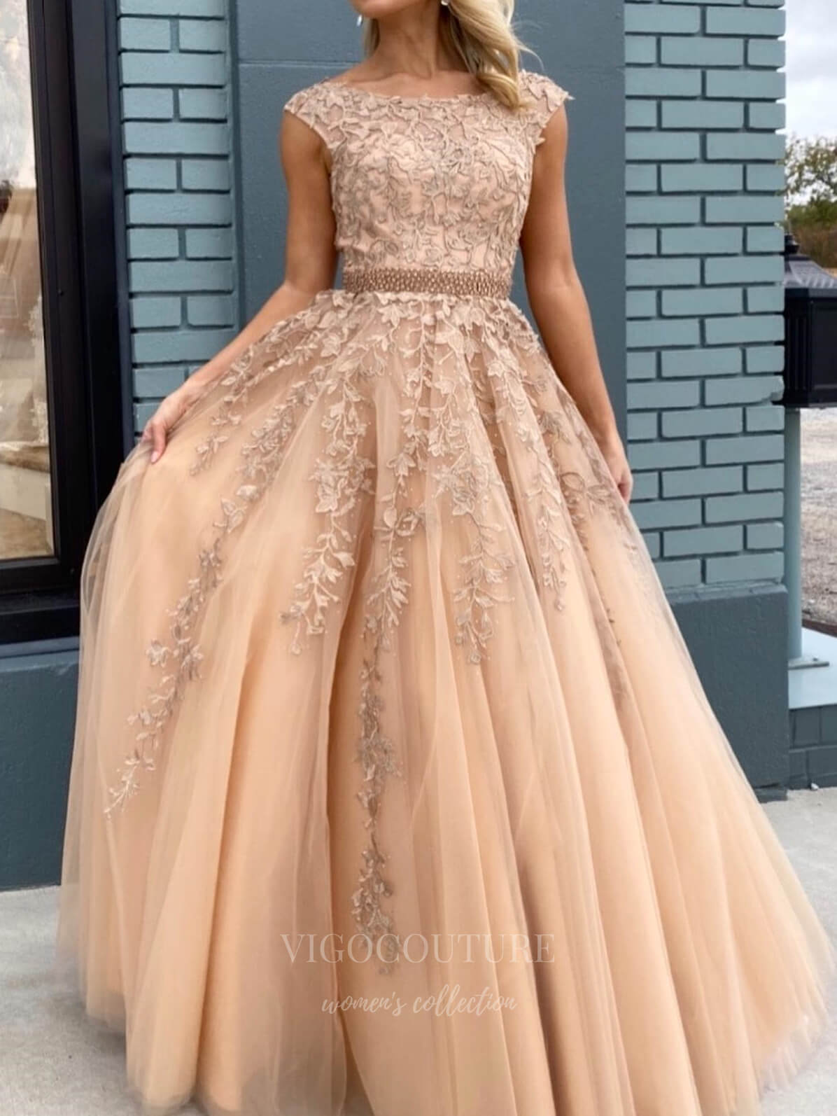 vigocouture-Khaki Lace Applique Prom Dresses A-Line Evening Dress 20928-Prom Dresses-vigocouture-Champagne-US2-