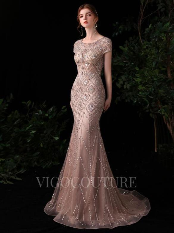 vigocouture-Khaki Mermaid Beaded Short Sleeve Prom Dresses 20151-Prom Dresses-vigocouture-Khaki-US2-