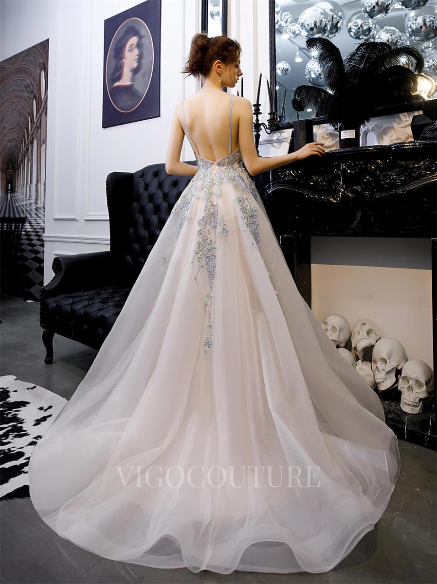 vigocouture-Lace Applique A-line Prom Dresses Spaghetti Strap Formal Dresses 20182-Prom Dresses-vigocouture-