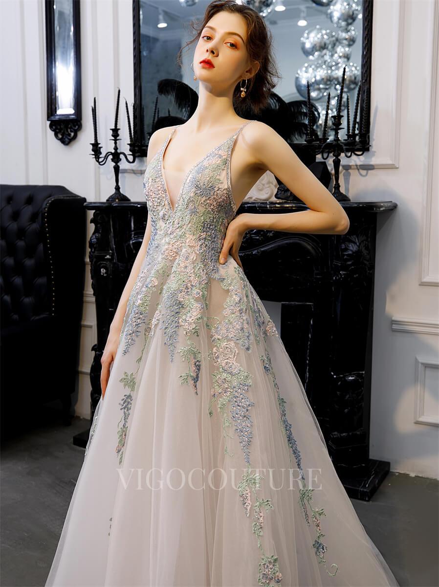 vigocouture-Lace Applique A-line Prom Dresses Spaghetti Strap Formal Dresses 20182-Prom Dresses-vigocouture-