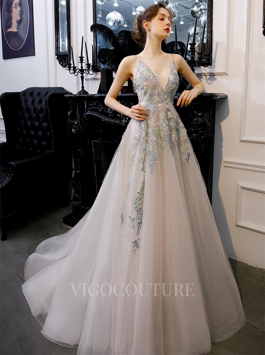 vigocouture-Lace Applique A-line Prom Dresses Spaghetti Strap Formal Dresses 20182-Prom Dresses-vigocouture-Grey-US2-