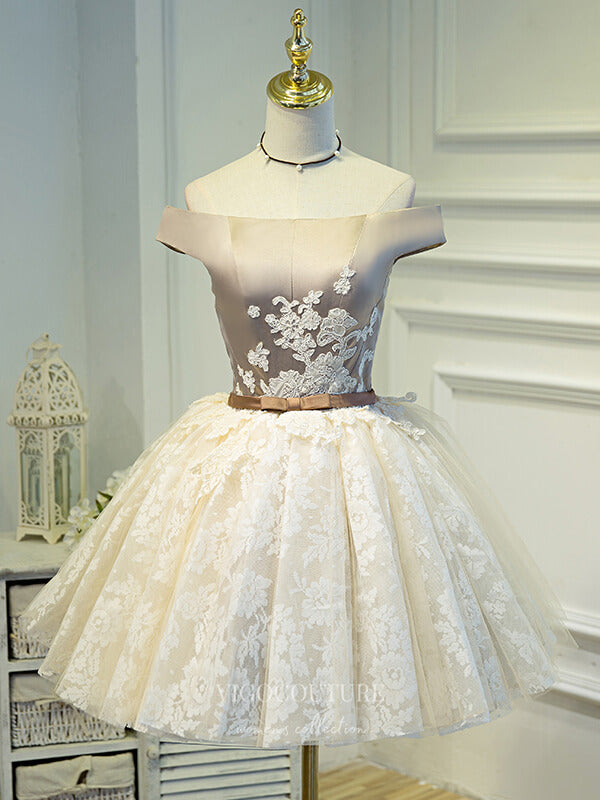 vigocouture-Lace Applique Homecoming Dresses Off the Shoulder Dama Dresses hc085-Prom Dresses-vigocouture-Champagne-US2-