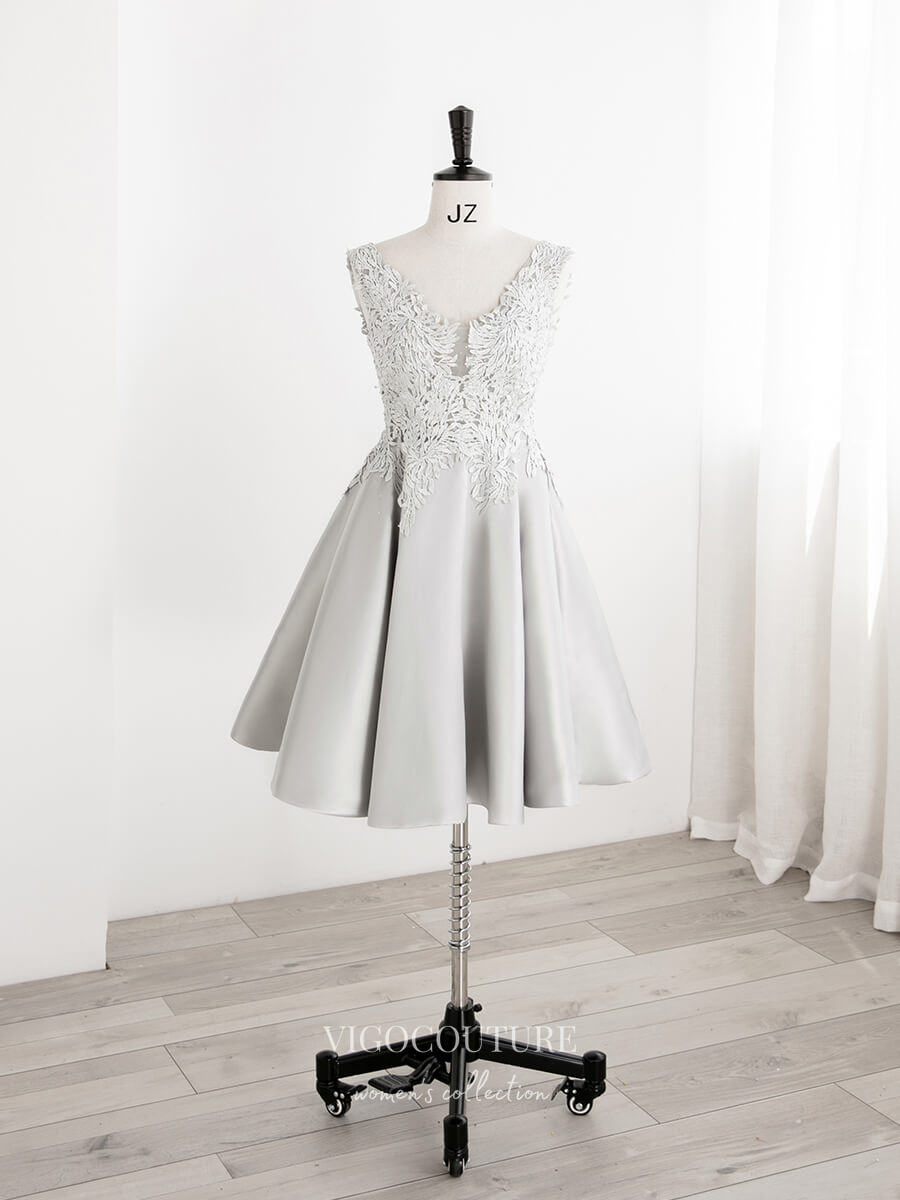 vigocouture-Lace Applique Homecoming Dresses Satin Short Prom Dresses 21324-Prom Dresses-vigocouture-Grey-US2-