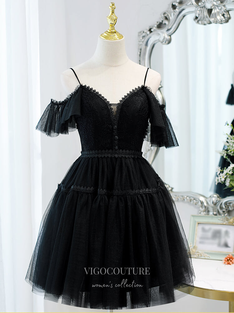 vigocouture-Lace Applique Homecoming Dresses Spaghetti Strap Dama Dresses hc132-Prom Dresses-vigocouture-Black-US2-A