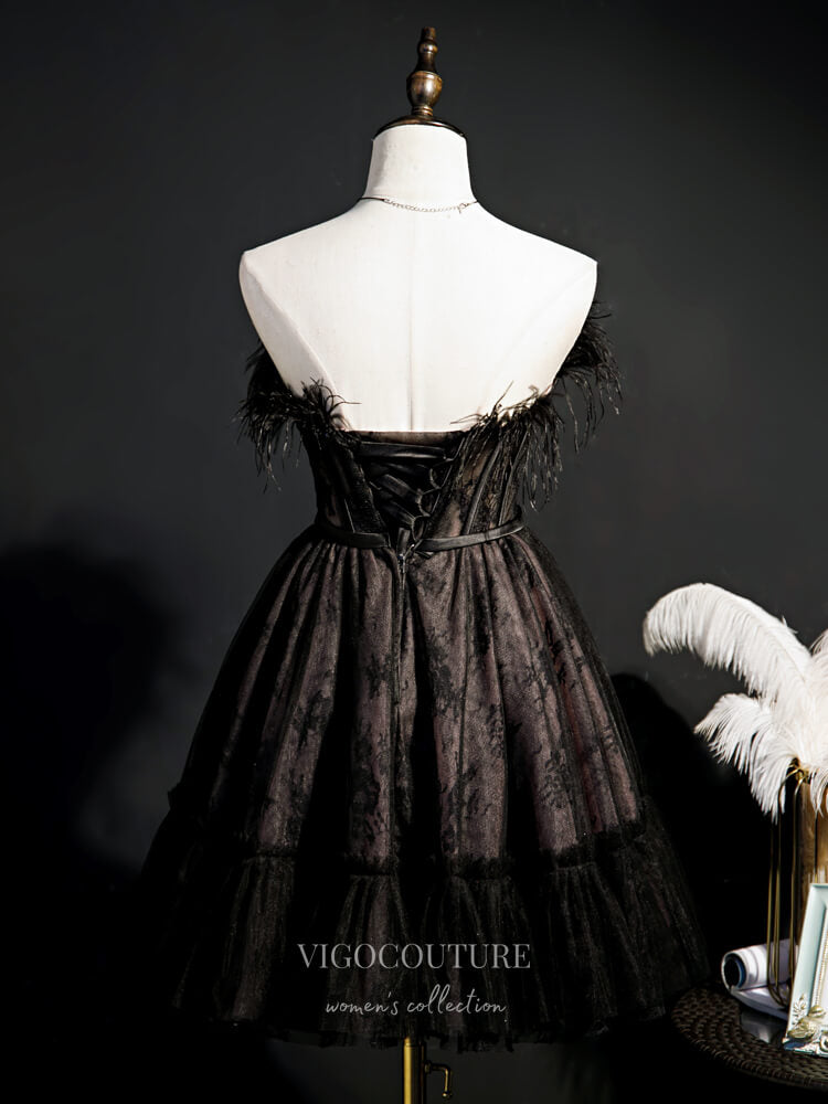 vigocouture-Lace Applique Homecoming Dresses Strapless Feather Dama Dresses hc117-Prom Dresses-vigocouture-