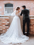 vigocouture-Lace Applique Long Sleeve Wedding Dresses A-Line Sweetheart Neck Bridal Dresses W0065-Wedding Dresses-vigocouture-