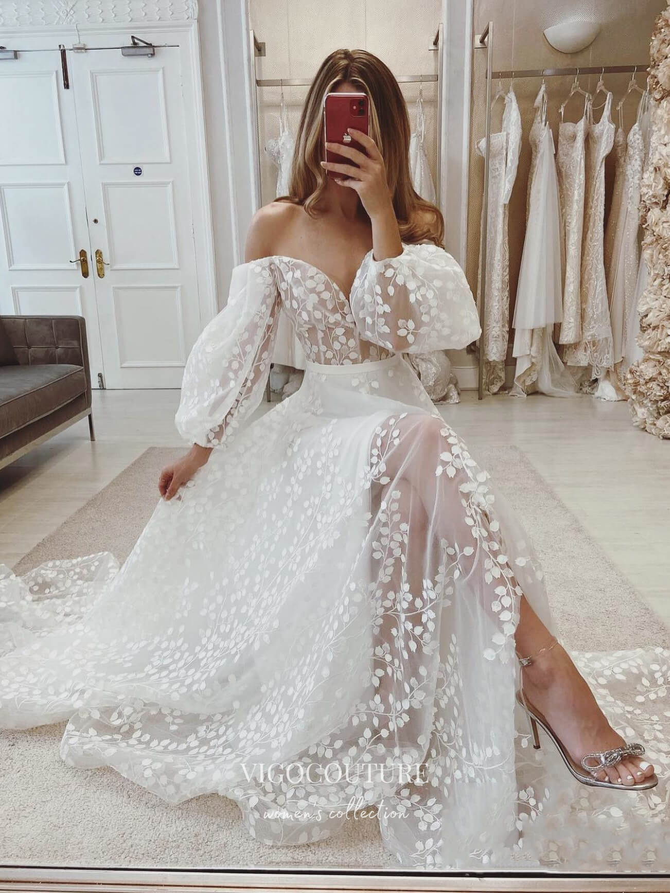 vigocouture Lace Applique Long Sleeve Wedding Dresses A-Line Sweetheart Neck Bridal Dresses W0065 As Pictured / US16