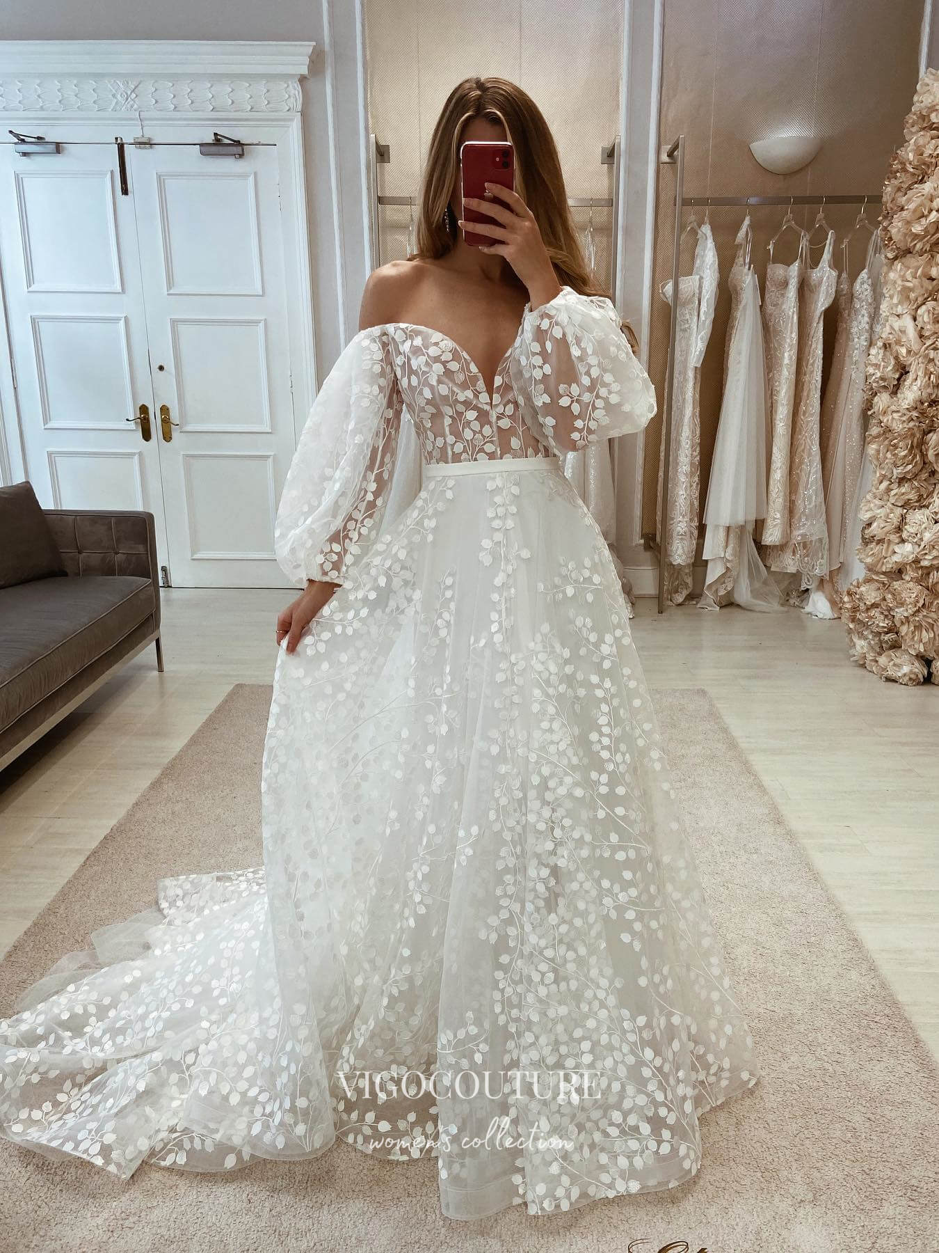 Lace Applique Long Sleeve Wedding Dresses A-Line Sweetheart Neck Brida –  vigocouture