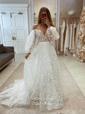 Lace Applique Long Sleeve Wedding Dresses A-Line Sweetheart Neck Bridal Dresses W0065