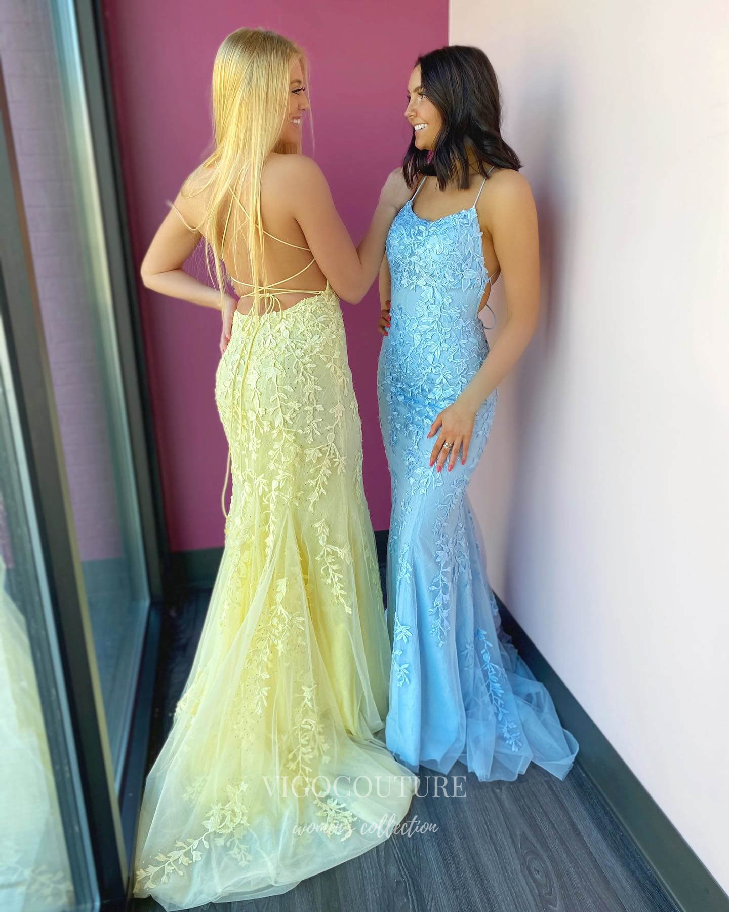 Lace Applique Mermaid Prom Dresses Spaghetti Strap Evening Dress 20594-Prom Dresses-vigocouture-Yellow-US2-vigocouture