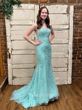 vigocouture-Lace Applique Mermaid Prom Dresses Spaghetti Strap Evening Dress 20594-Prom Dresses-vigocouture-Blue-US2-