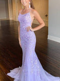 vigocouture-Lace Applique Mermaid Prom Dresses Spaghetti Strap Evening Dress 20594-Prom Dresses-vigocouture-Lavender-US2-