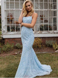 vigocouture-Lace Applique Mermaid Prom Dresses Spaghetti Strap Evening Dress 20594-Prom Dresses-vigocouture-Light Blue-US2-