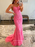 vigocouture-Lace Applique Mermaid Prom Dresses Spaghetti Strap Evening Dress 20594-Prom Dresses-vigocouture-Pink-US2-