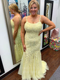 vigocouture-Lace Applique Mermaid Spaghetti Strap Prom Dress 20925-Prom Dresses-vigocouture-Yellow-US2-
