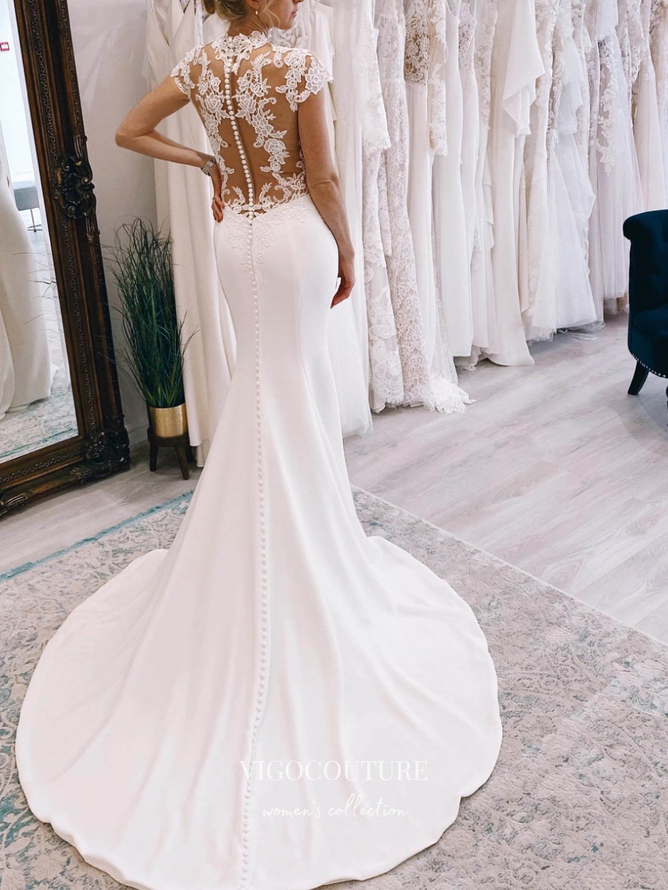vigocouture-Lace Applique Mermaid Wedding Dresses Cap Sleeve Bridal Dresses W0083-Wedding Dresses-vigocouture-