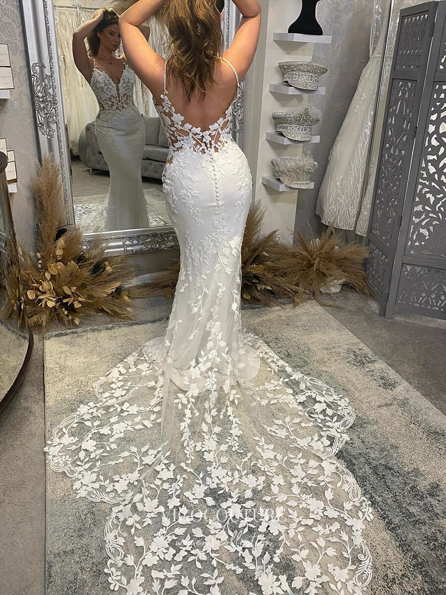 Modern Lace Mermaid Applique Wedding Dress With Open Back, Sheer