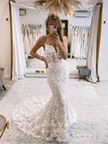 Lace Applique Mermaid Wedding Dresses Spaghetti Strap Bridal Dresses W0059